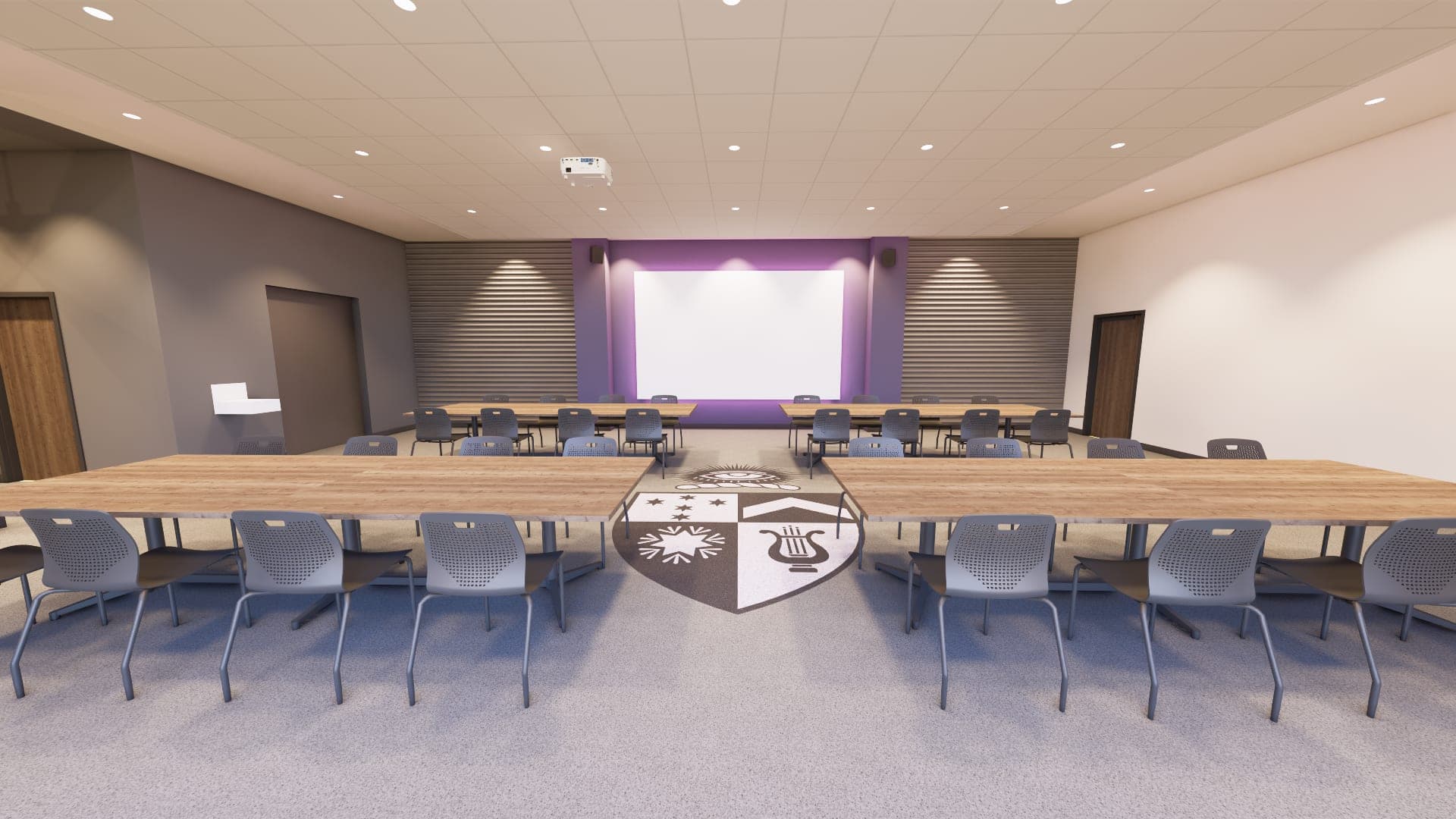 Rendering of the multi-purpose room with a custom crest inlaid in the floor (Option 1)