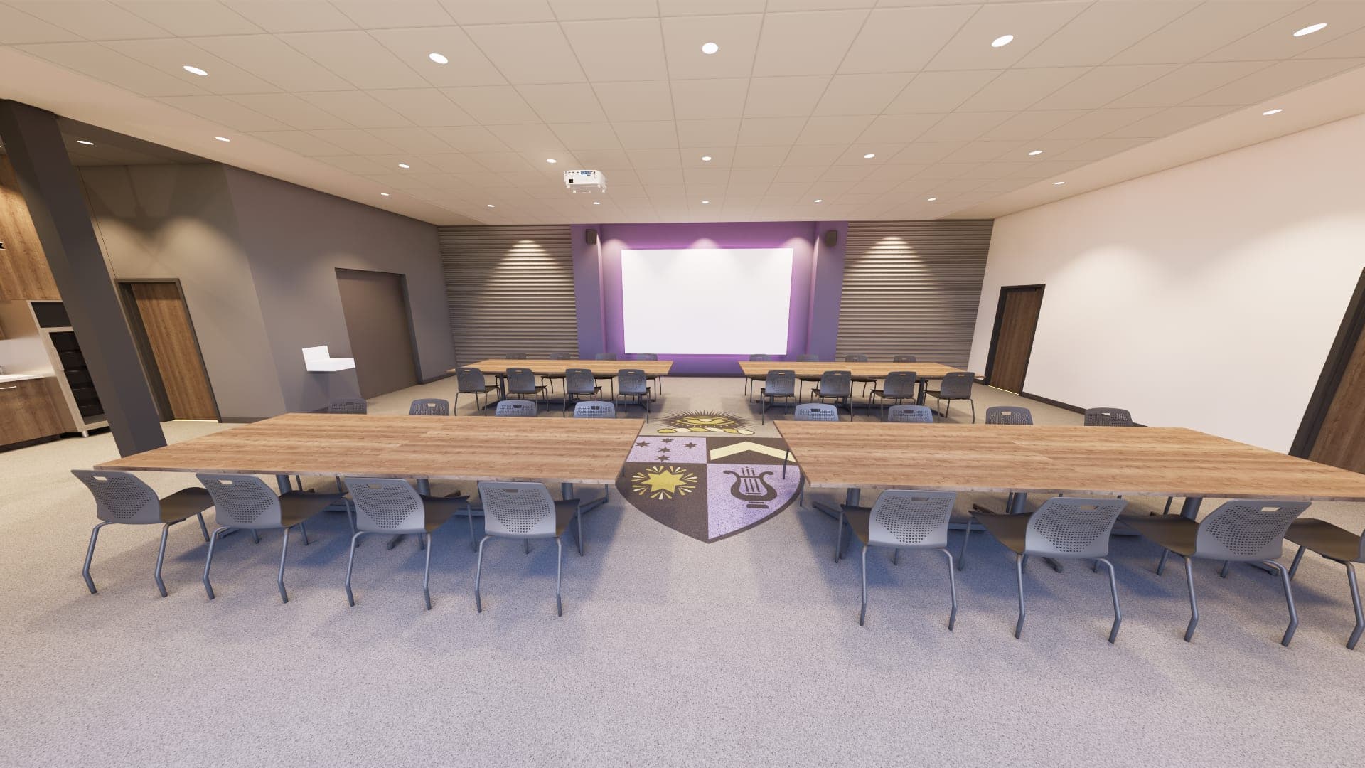 Rendering of the multi-purpose room with a full-color custom crest inlaid in the floor (Option 2)