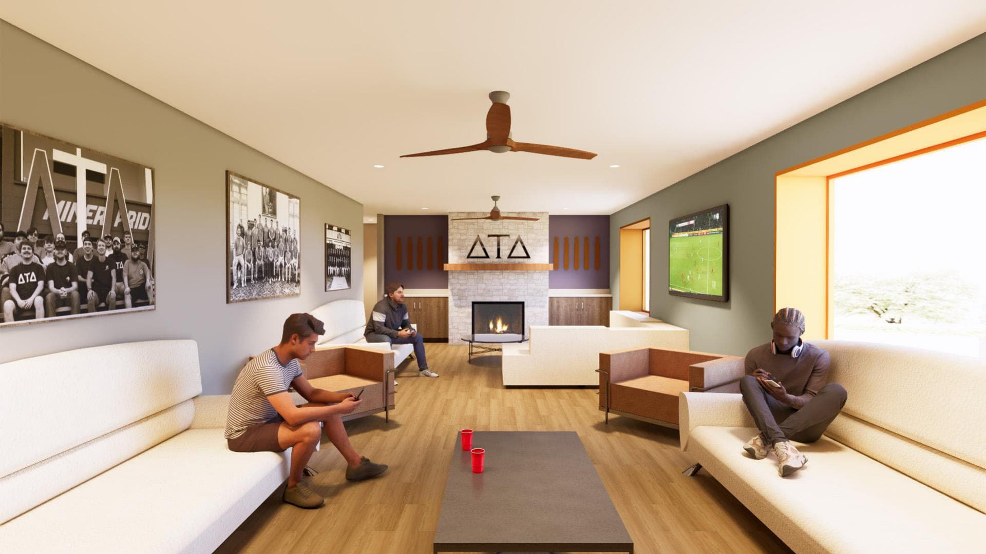 Rendering of the renovated living room with a stone fireplace, wood-look flooring, and framed chapter photos