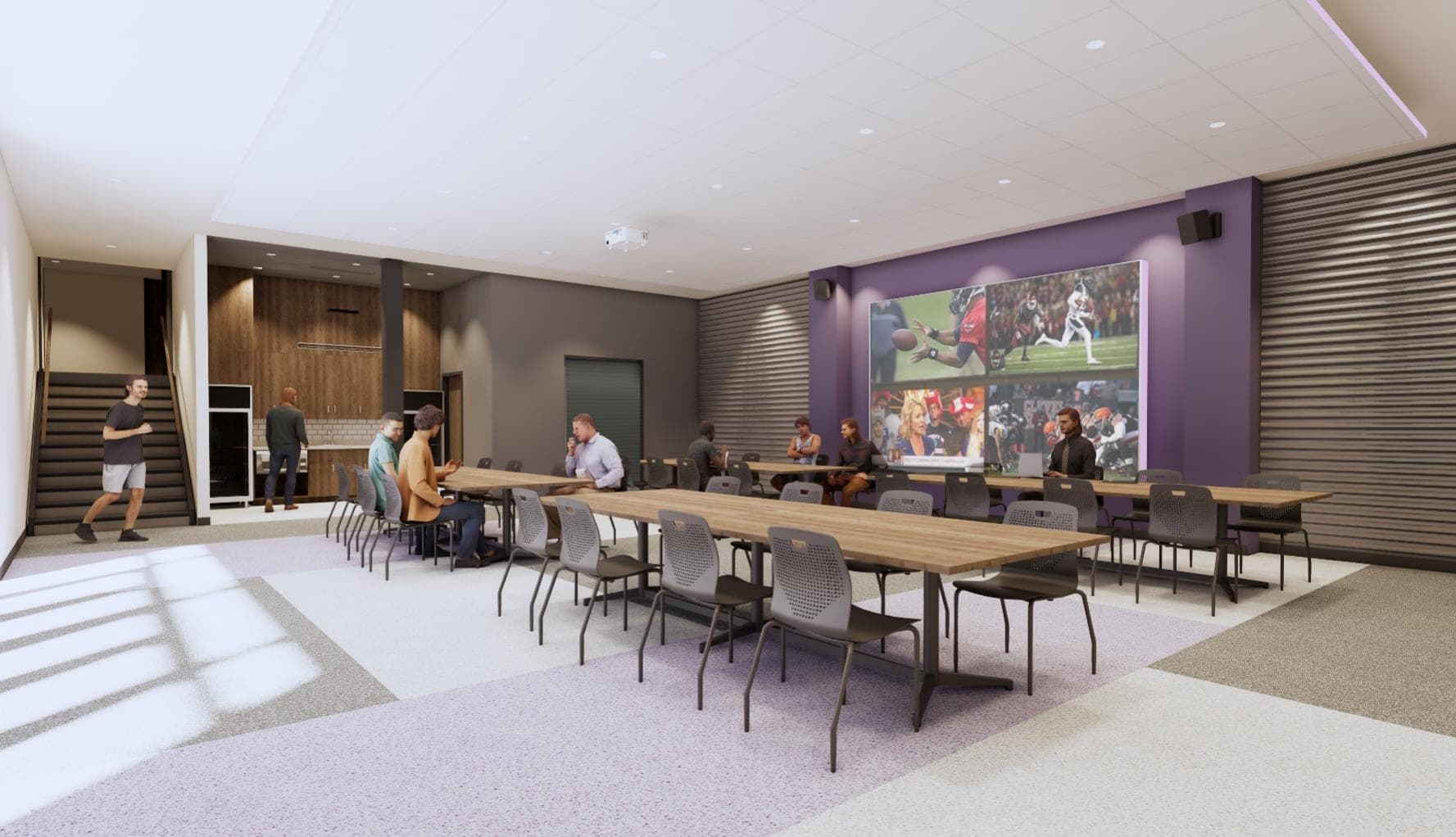 Rendering of the renovated multi-purpose room with a purple accent wall, video wall, kitchen, and long wood tables (Option 1)