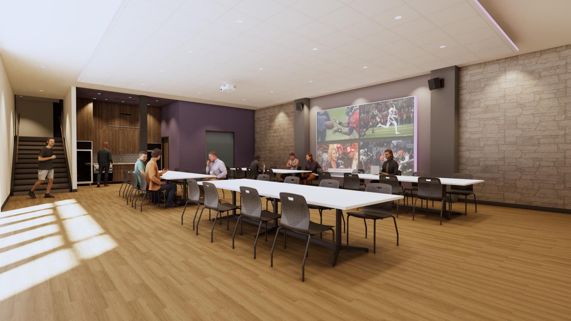 Rendering of the renovated multi-purpose room with wood-look flooring and a stone veneer wall (Option 2)